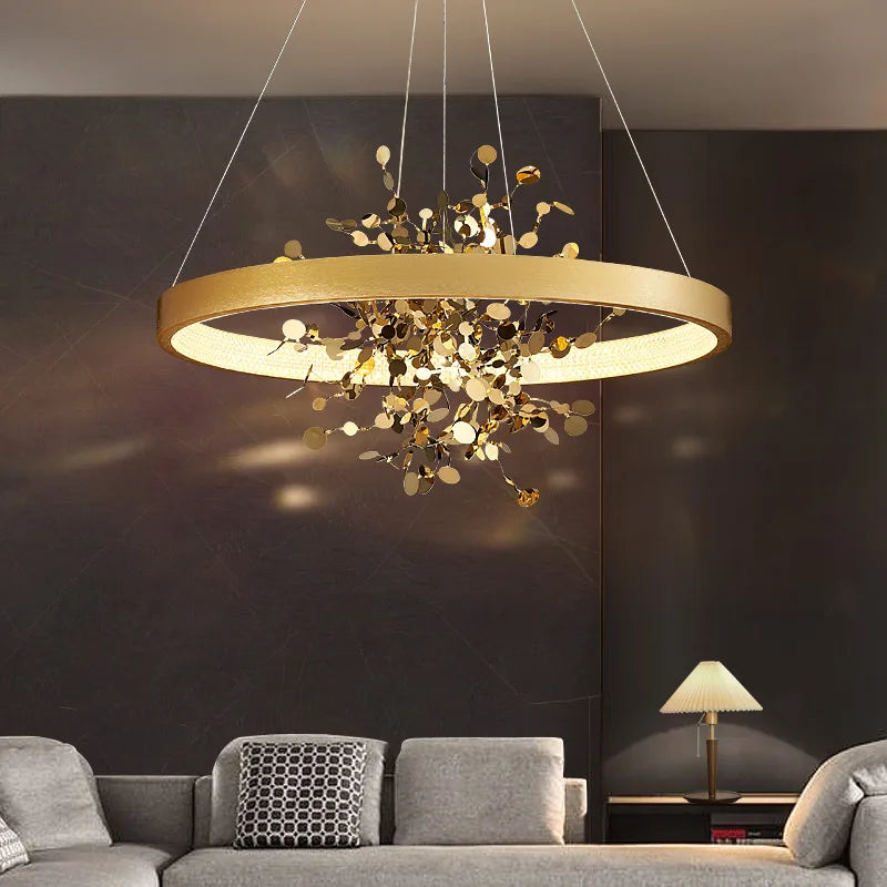 lustre led de luxe moderne en cuivre pour hôtel