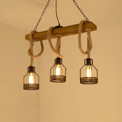 lustre industriel rétro avec 3 têtes en bois et corde de chanvre
