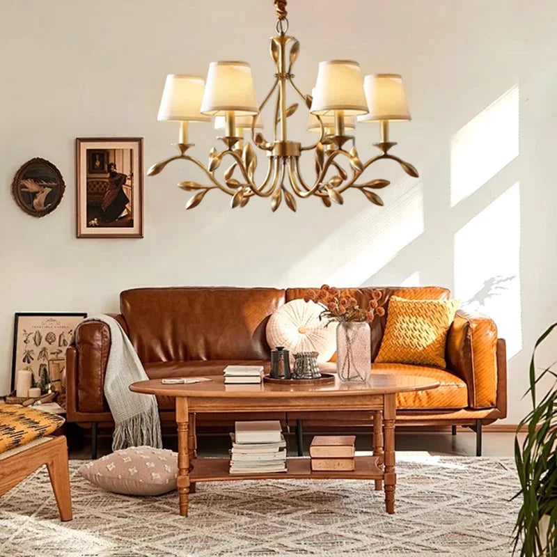 lustre rétro américain en or cuivre avec nuances fleur led