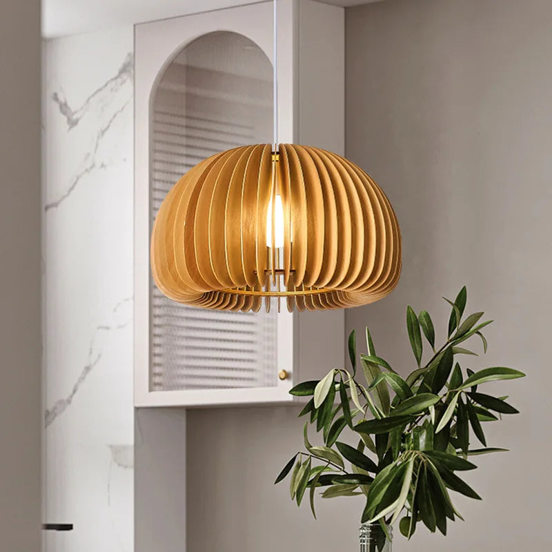 suspension lustre citrouille en bois naturel nordique éclairage