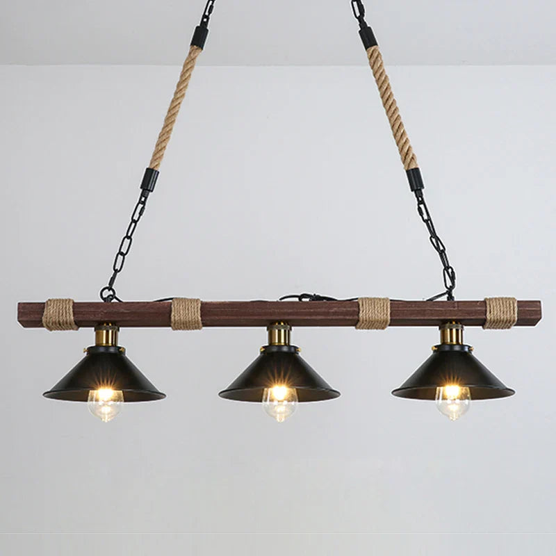 lustre vintage industriel en bois massif avec corde de chanvre