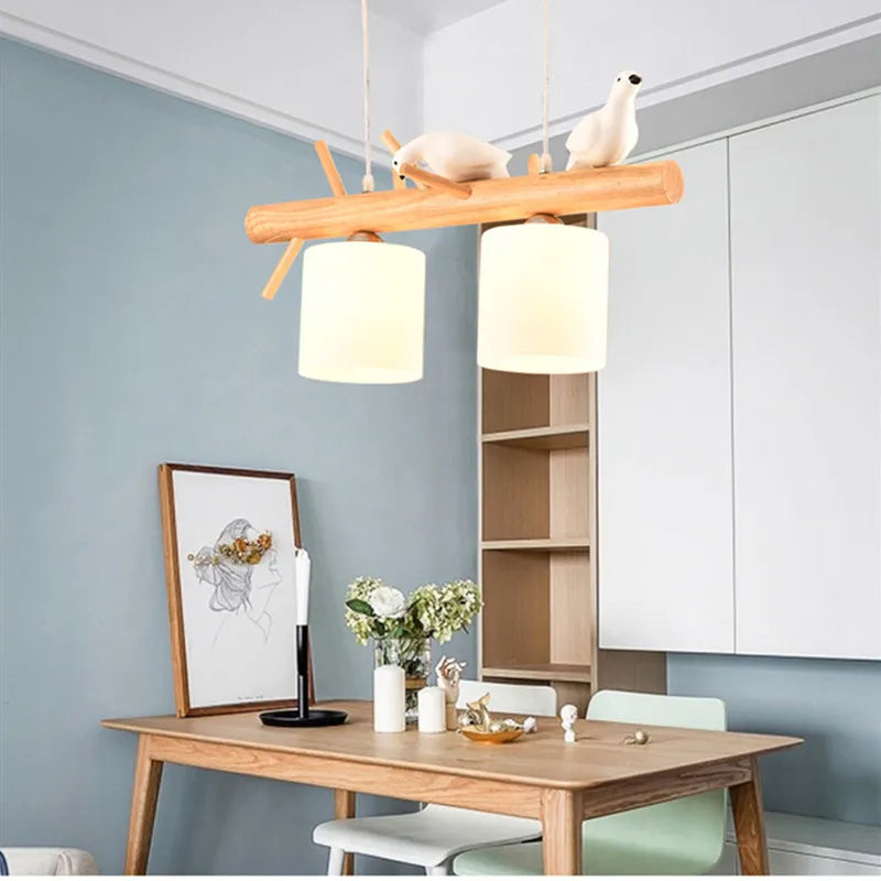 lustre nordique en bois massif avec oiseaux pour décoration intérieure