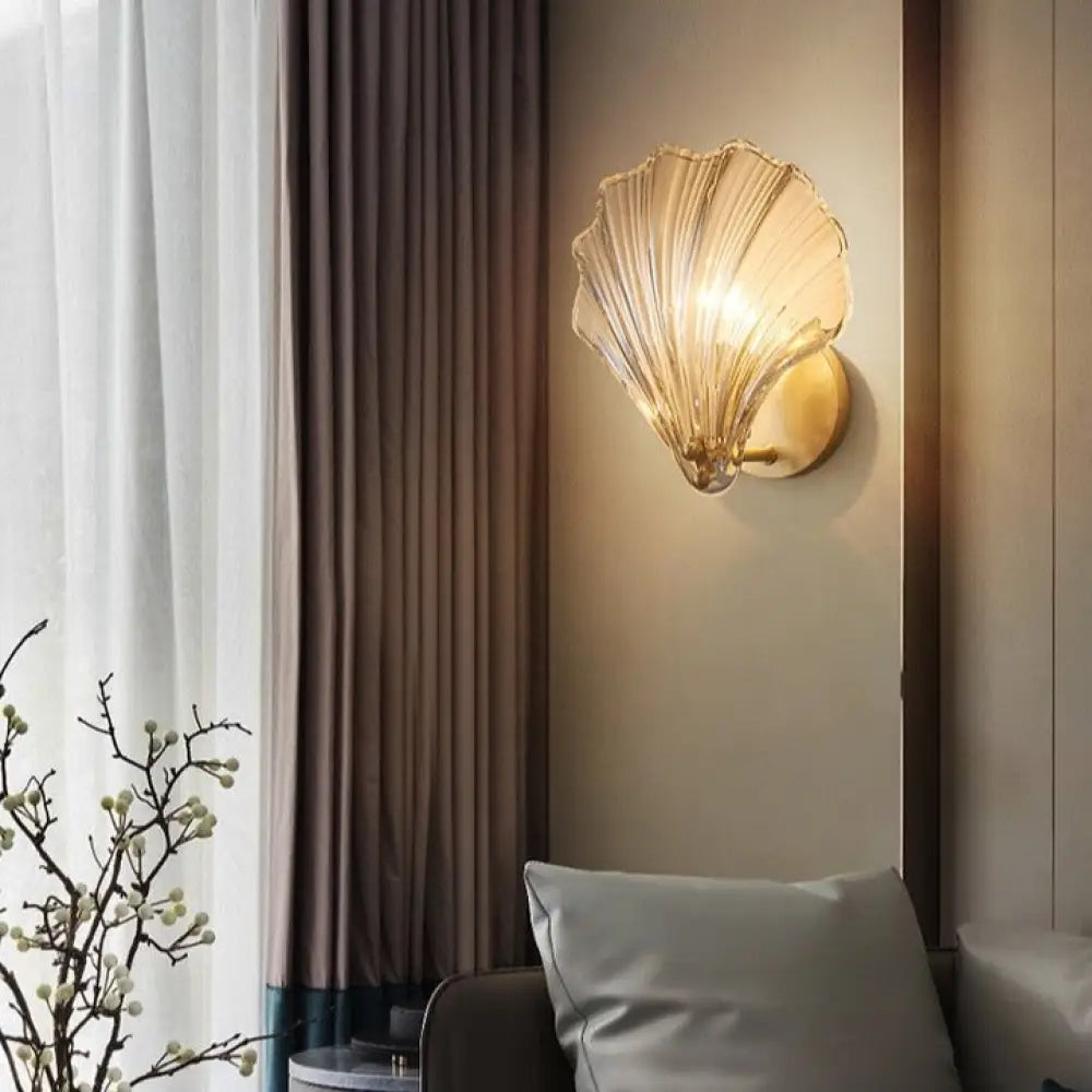 Lampe Murale Moderne De Coquille, Lampe Murale Avec Ombre En Verre En Forme De Coquille, Cristal Et Bassin En Laiton Sconces D'appliques Murales Pour La Chambre Du Restaurant Salon Salon,D'or