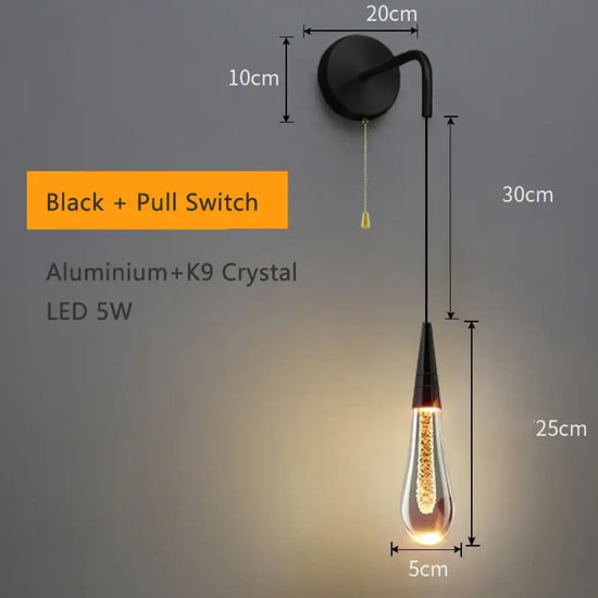 Applique Murale Led Design Goutte Eau Moderne Interrupteur À Tirette Noir / Lumière Chaude Chambre