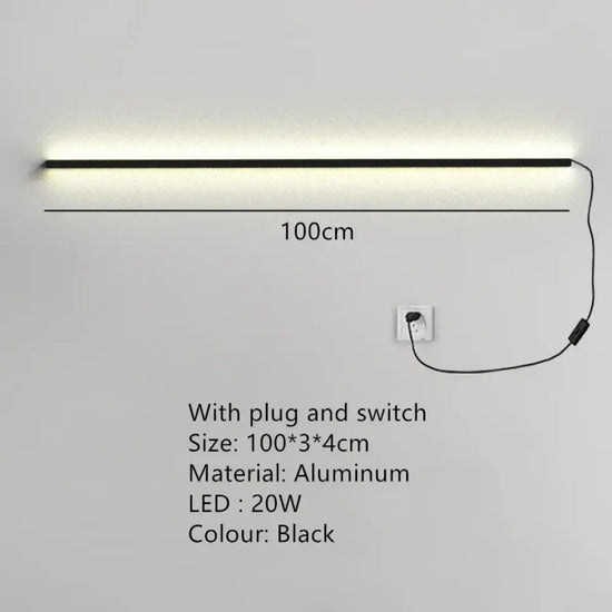 Applique Murale Led Moderne Design Minimaliste Élégant 100Cm-Noir-Interrupteur / Lumière