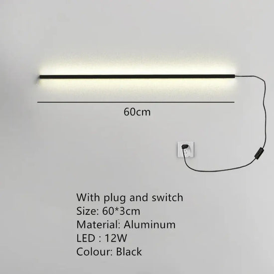 Applique Murale Led Moderne Design Minimaliste Élégant 60Cm-Noir-Interrupteur / Lumière