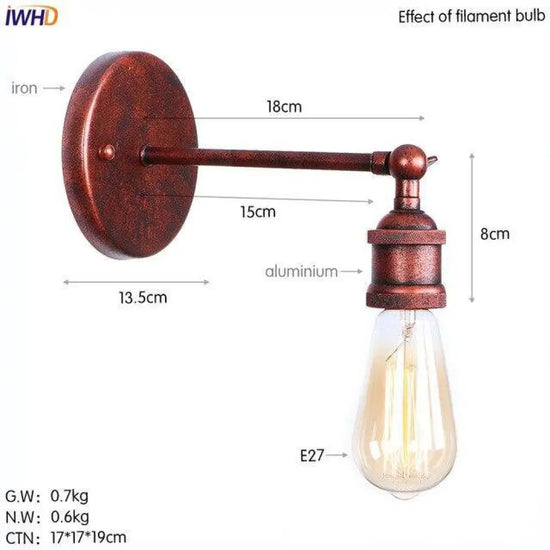 Applique Murale Led Rustique Vintage Rouge Luminaire Doré
