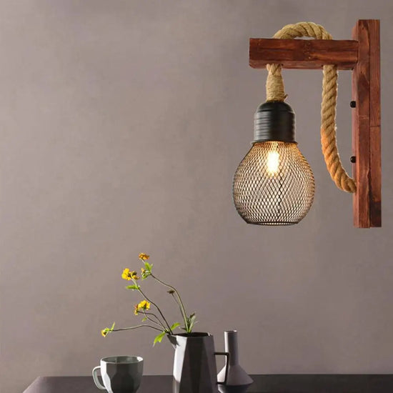 Applique Murale Rustique Luminaire Bois Cordage Vintage Chambre