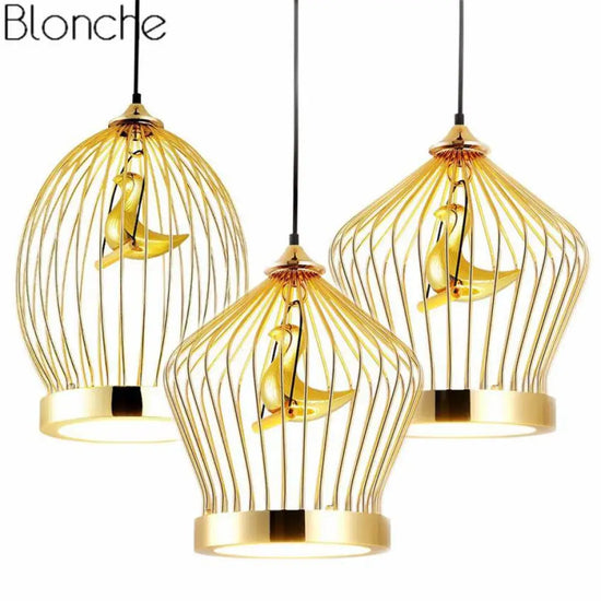 Cage Dorée Led Oiseau Suspendu Luminaire Doré