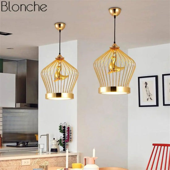Cage Dorée Led Oiseau Suspendu Luminaire Doré