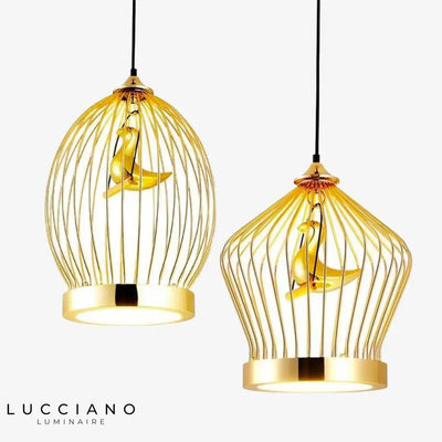 Cage dorée LED oiseau suspendu