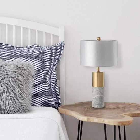 Lampe Led Dorée Marbre Et Abat-Jour Gris Luminaire Chambre