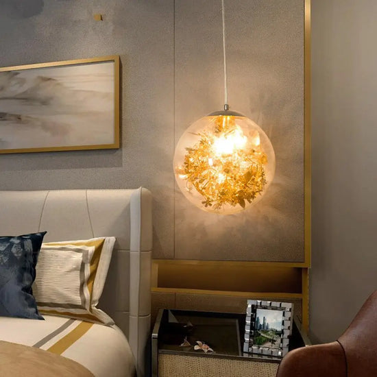 Led Boule Verre Feuilles Chromées. Luminaire Doré
