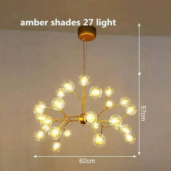Lustre Arbre Branches Boules Verre Led Ambre - 27 Lampes Luminaire Doré
