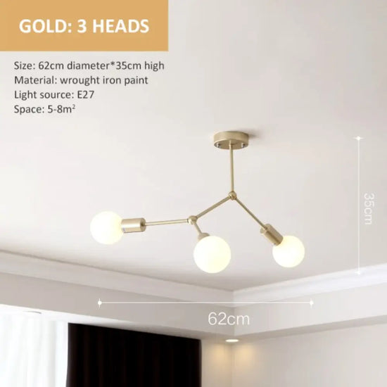 Lustre Industriel Led Branches Métalliques Doré - 3 Embouts Luminaire Chambre