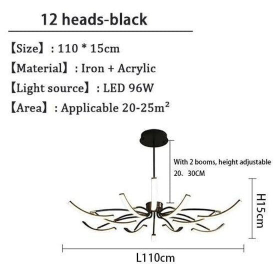 Lustre Led Design Métal Tiges Kyio Noir - 12 Lampes / Froide Luminaire Chambre