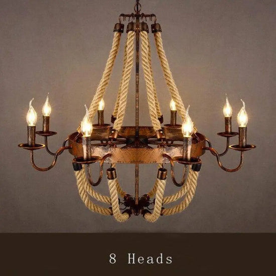 Lustre Rustique Métal Cordages Flammes Cuivré - 8 Lampes Luminaire Chambre