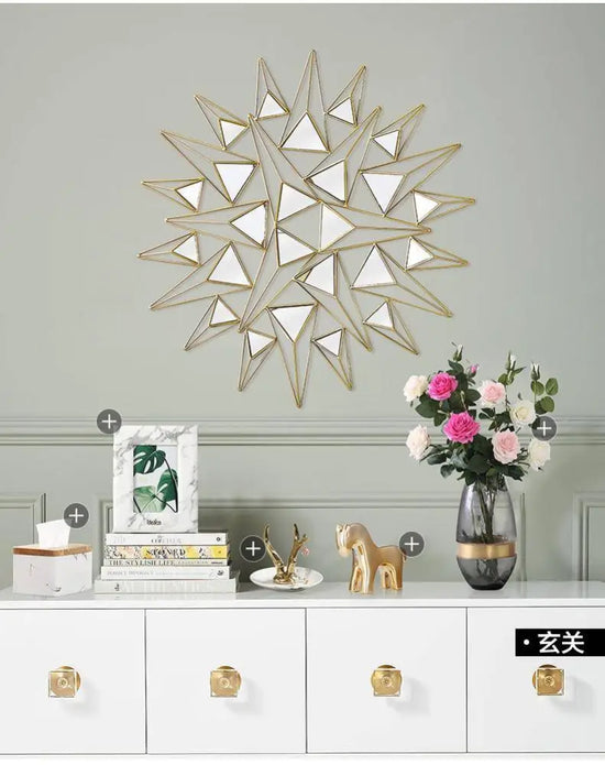 Miroir Mural Design 3D Triangles Luminaire Doré