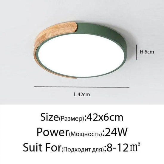 Plafonnier Led Rond En Métal Et Bois Vert - 42 X 6Cm 24W / Froide Luminaire Chambre