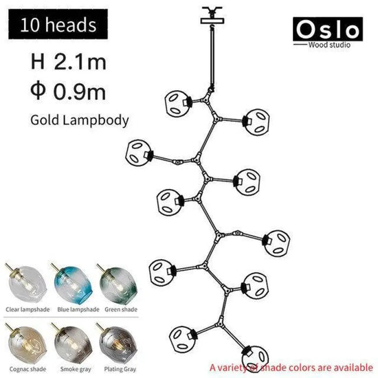 Suspension Led Branche Abat-Jour Verre Doré / 10 Lampes Luminaire Chambre