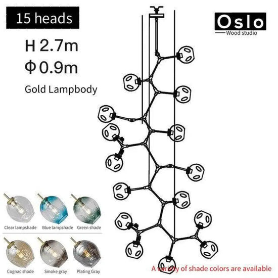 Suspension Led Branche Abat-Jour Verre Doré / 15 Lampes Luminaire Chambre