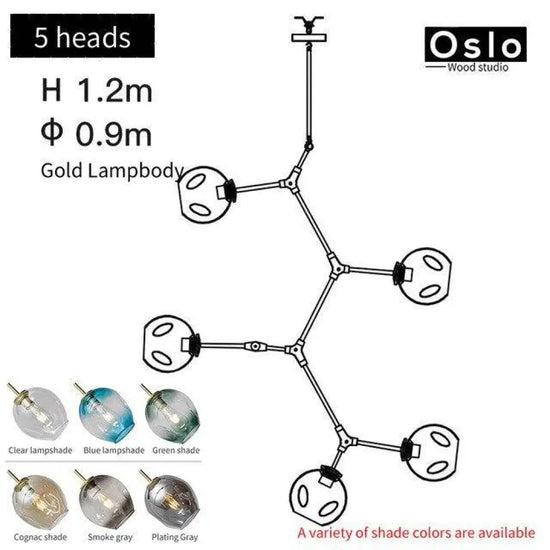 Suspension Led Branche Abat-Jour Verre Doré / 5 Lampes Luminaire Chambre