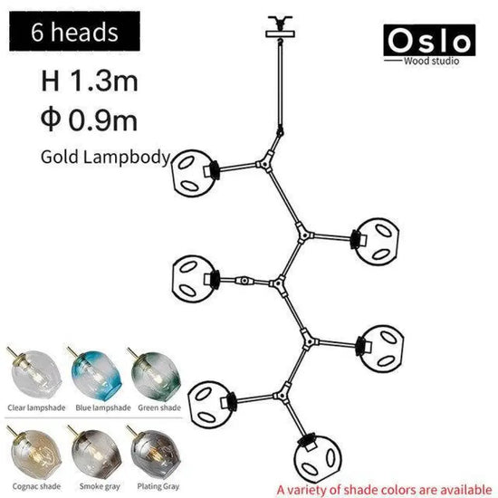 Suspension Led Branche Abat-Jour Verre Doré / 6 Lampes Luminaire Chambre