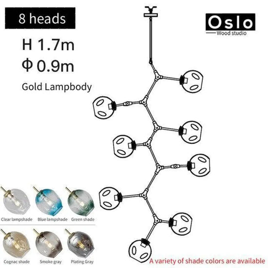 Suspension Led Branche Abat-Jour Verre Doré / 8 Lampes Luminaire Chambre