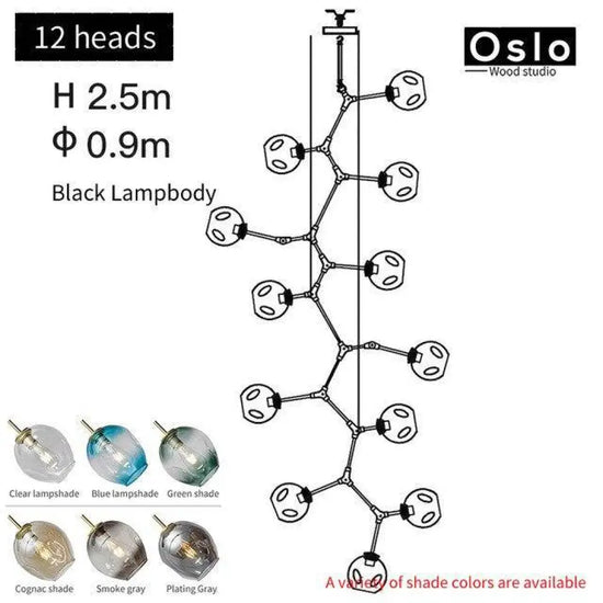 Suspension Led Branche Abat-Jour Verre Noir / 12 Lampes Luminaire Chambre