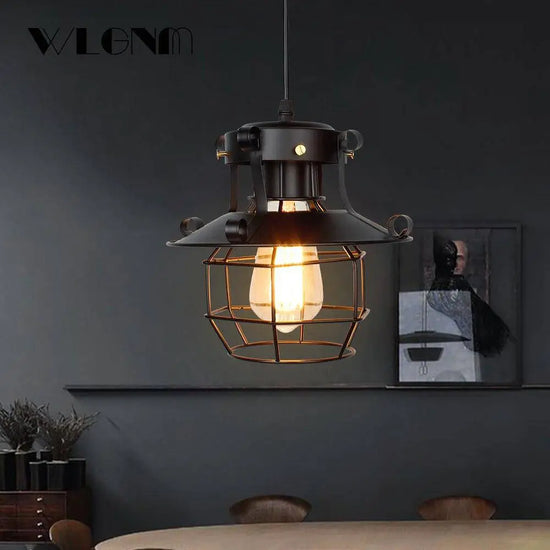 Suspension Led Rétro Cage Métal Noir Luminaire Chambre
