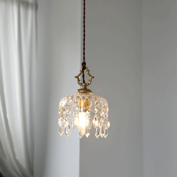 Lustre floral vintage en cuivre et cristal, une lumière