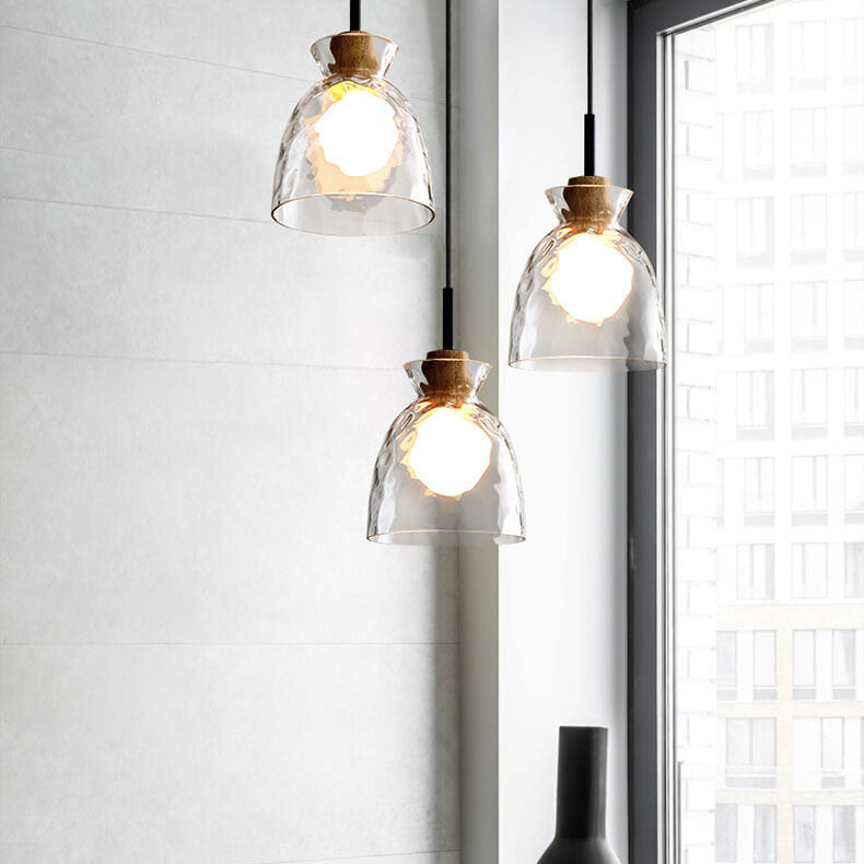 Luminaire suspendu nordique en verre ondulé et bois à LED | 1 lumière