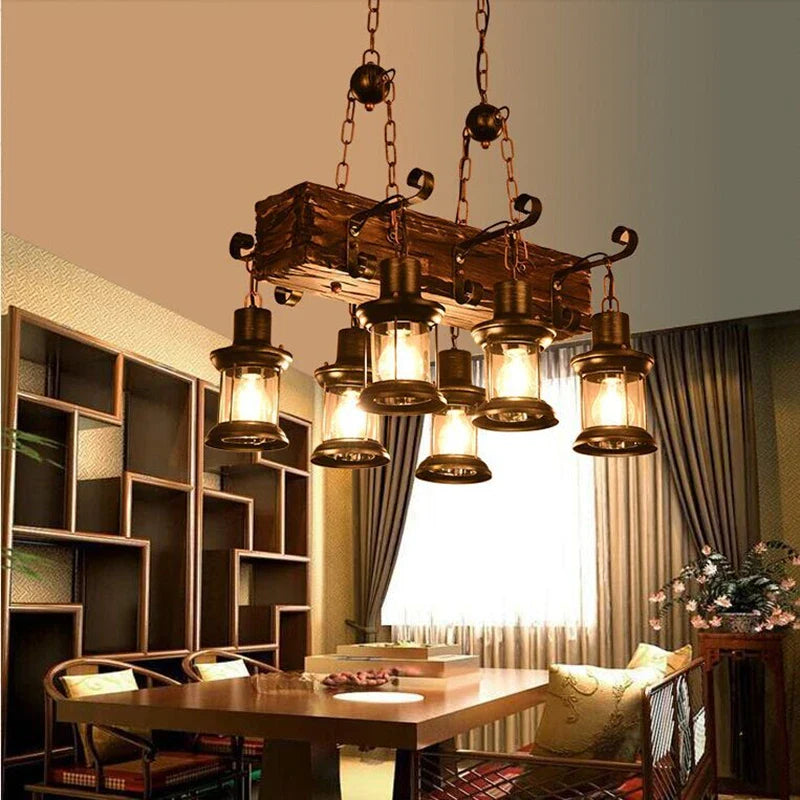 lustre vintage led en bois massif pour loft décoratif