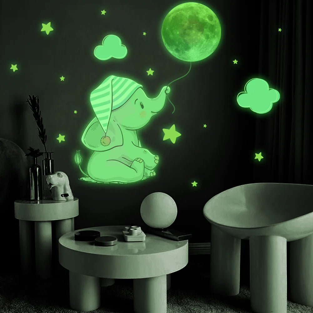 Autocollant mural lumineux en forme d’éléphant et de lune