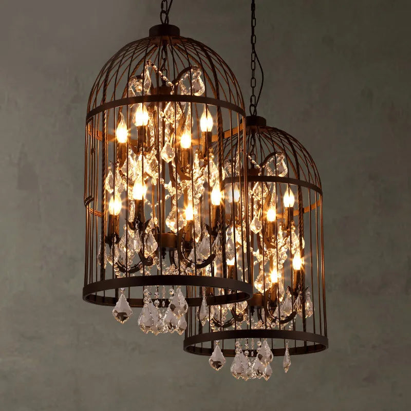 lustre vintage américain en fer avec cage à oiseaux et cristaux