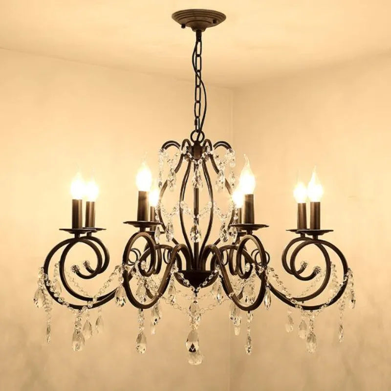 Lustre cristallin vintage en fer noir