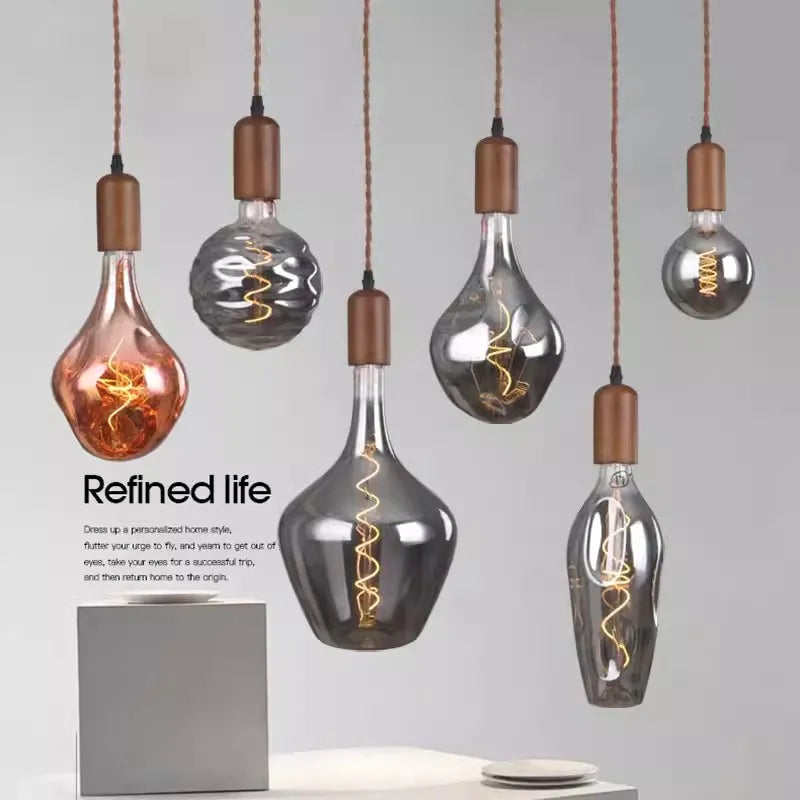 Lustre rétro en verre et bois