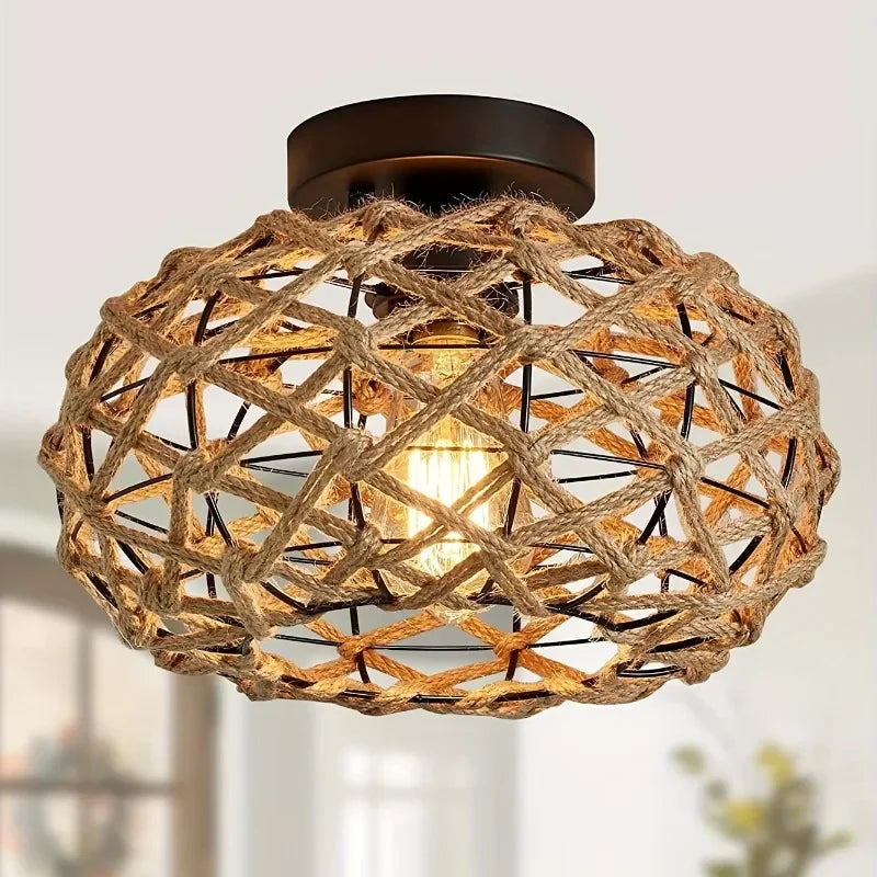Plafonnier Semi-encastré en Rotin Tissé - Design en métal de tissage de panier pour cuisine, salon, chambre, café, bar, décoration de ferme
