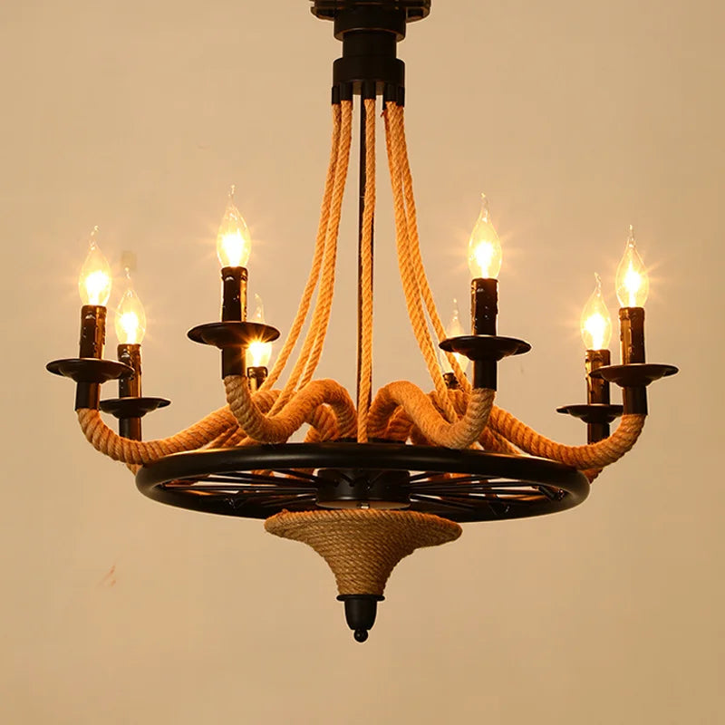 Loft américain lustre en bois nostalgique Restaurant salon Bar Internet café lumière lampe industrielle corde de chanvre suspension