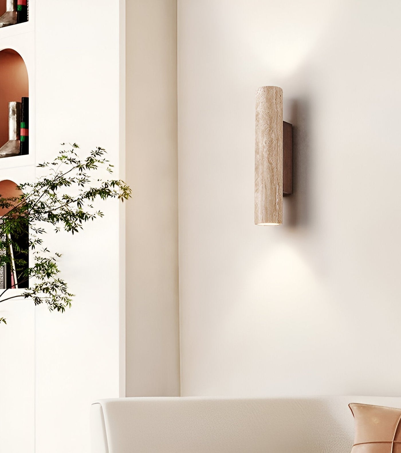 Applique murale cylindrique Japandi en travertin et bois avec LED