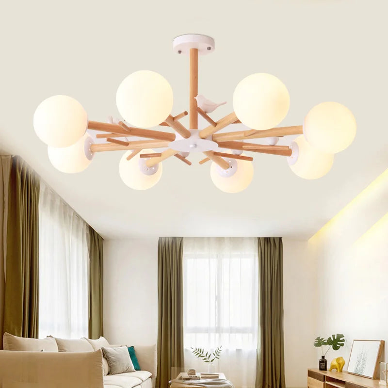 lustre en bois naturel avec abat-jour en verre moderne