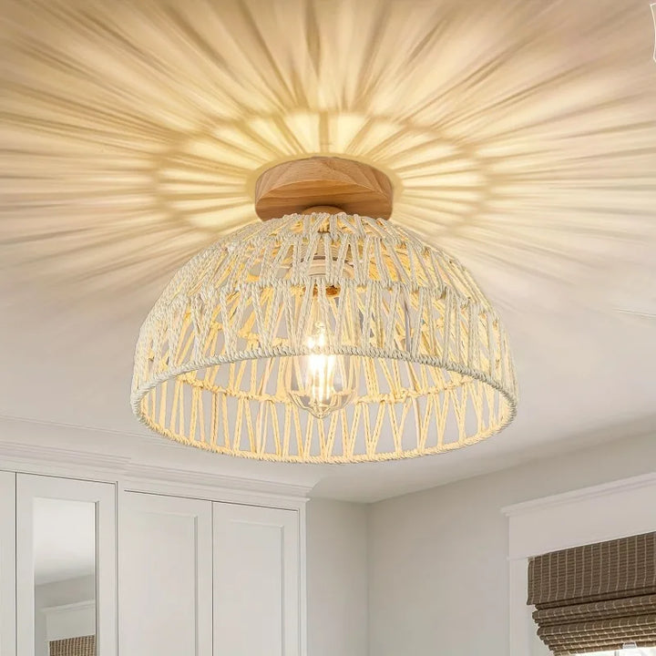 Woven rattan ceiling light, bohemian style