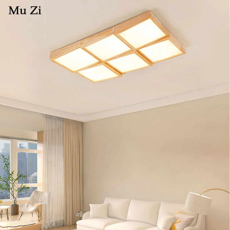 Lustre carré bois dimmable contemporain