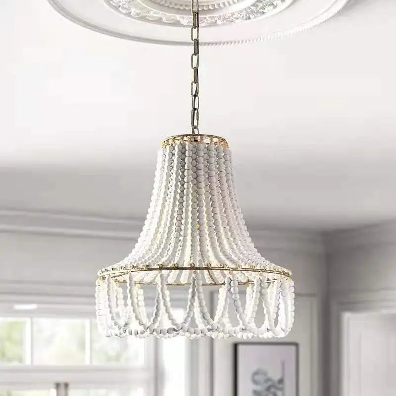 Lustre Perles Bois Rustique Nature