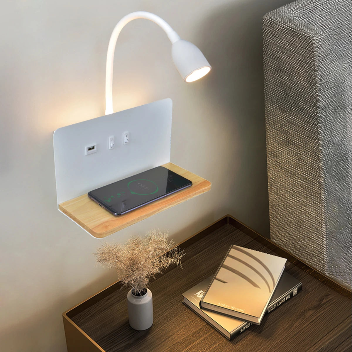 Lampe de Chevet Tactile Murale avec Chargeur de Téléphone