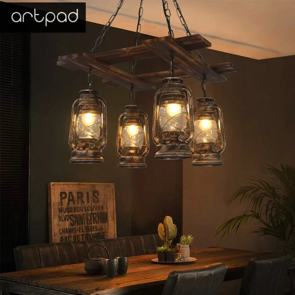 lustre rétro en bois et verre pour décoration élégante