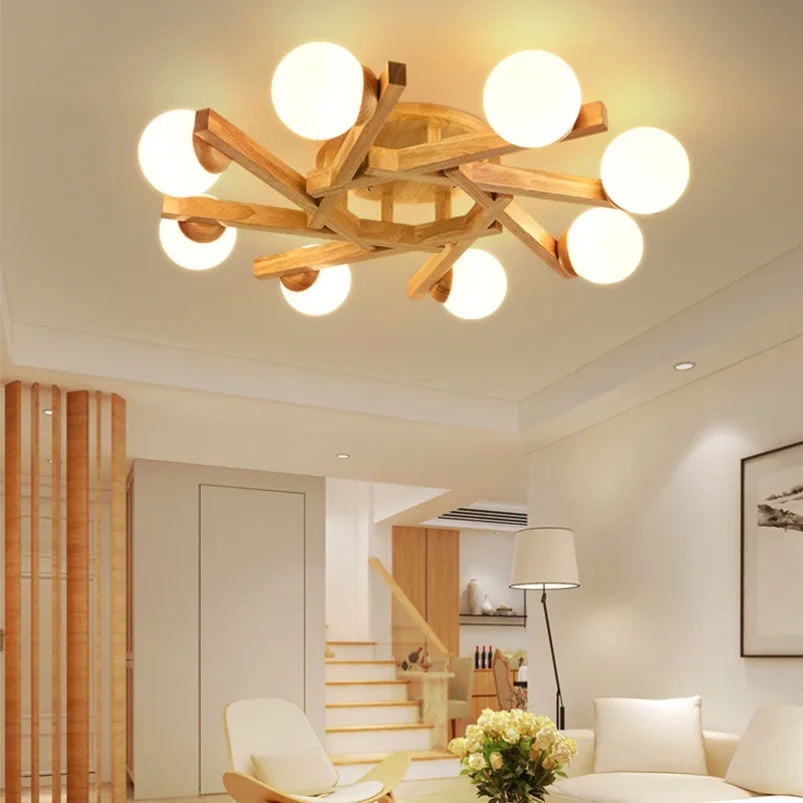 Plafonnier en bois et verre laiteux design nordique