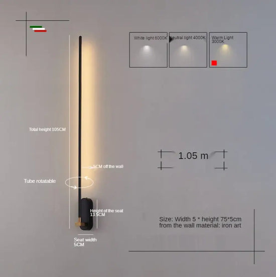 Applique Murale Nordique Élégante Minimaliste Lumière Noir-Or 100Cm / Lumière Neutre Applique