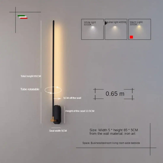 Applique Murale Nordique Élégante Minimaliste Lumière Noir-Or 60Cm / Lumière Chaude Applique Chambre