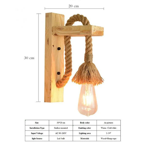Applique Murale Rustique Luminaire Bois Cordage Vintage Chambre